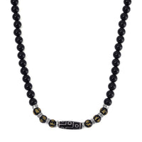 Nine Eyed Agate Dzi Beads and Black Obsidian 305 ctw Necklace 18-20 Inches in Silvertone