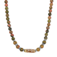 Nine Eyed Agate Dzi Beads, Unakite Necklace (18-20 Inches) in Silvertone 305.00 ctw
