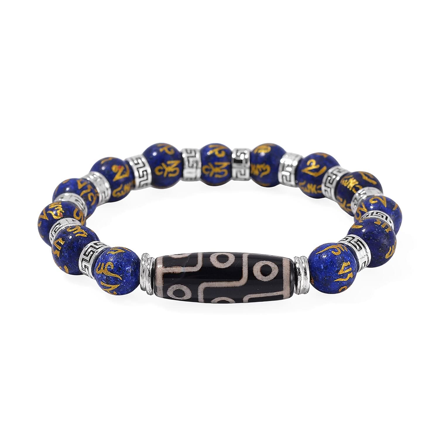 Nine Eyed Agate Dzi Beads and Lapis Lazuli 135 ctw Feng Shui Beaded Stretch Bracelet in Silvertone