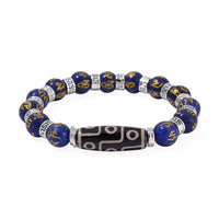 Nine Eyed Agate Dzi Beads and Lapis Lazuli 135 ctw Feng Shui Beaded Stretch Bracelet in Silvertone