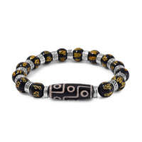 Nine Eyed Agate Dzi Beads and Black Obsidian 135 ctw Feng Shui Beaded Stretch Bracelet in Silvertone