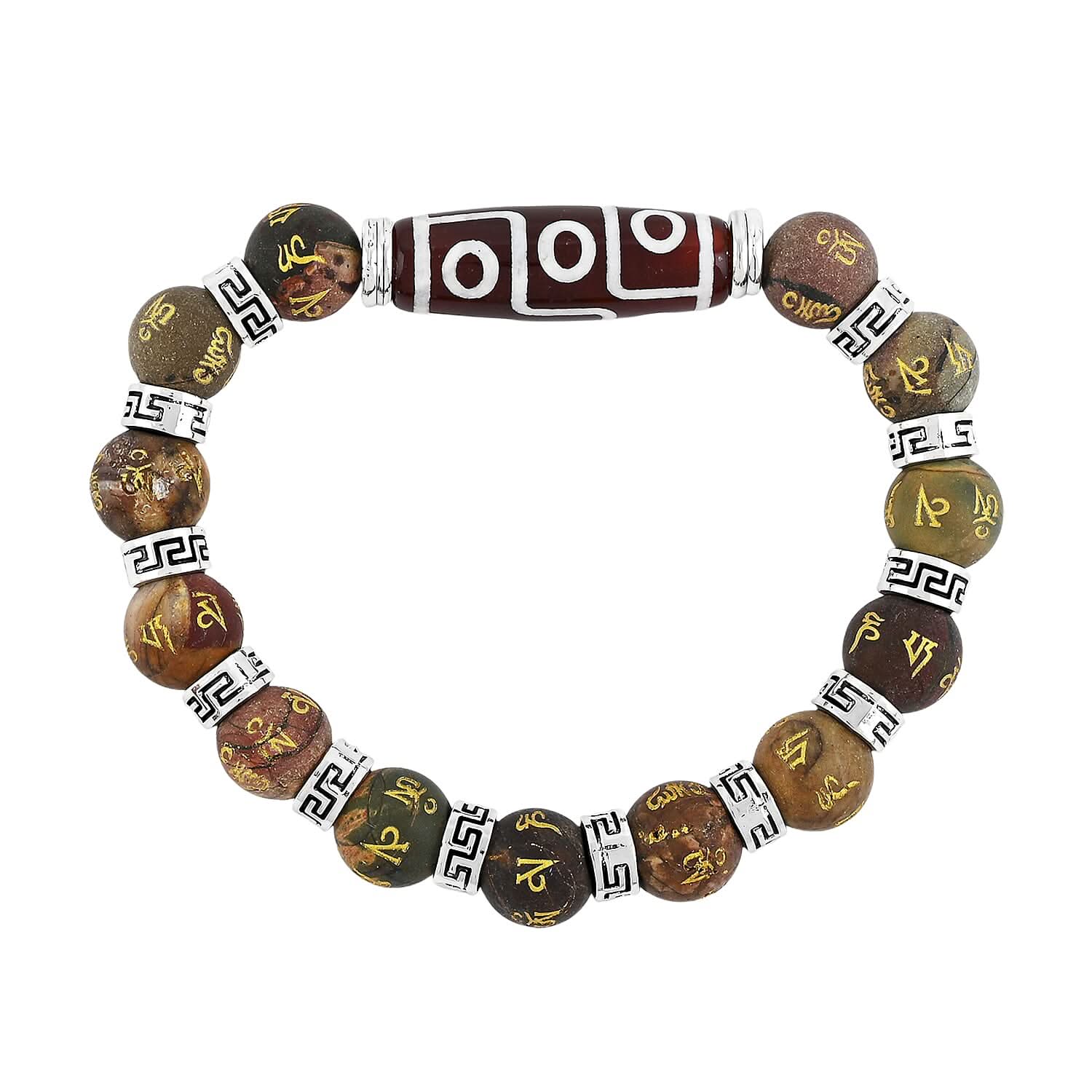 Nine Eyed Agate Dzi Beads and Picasso Jasper 135 ctw Beaded Stretch Bracelet
