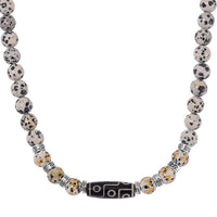 Nine Eyed Agate Dzi Beads and Dalmation Jasper 305 ctw Necklace 18-20 Inches in Silvertone