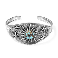 D'Joy Artisan Crafted Blue Moon Turquoise 8.25 ctw Cactus, Dragonfly and Sunflower Cuff Bracelet in Black Oxidized Sterling Silver (7.25 In)