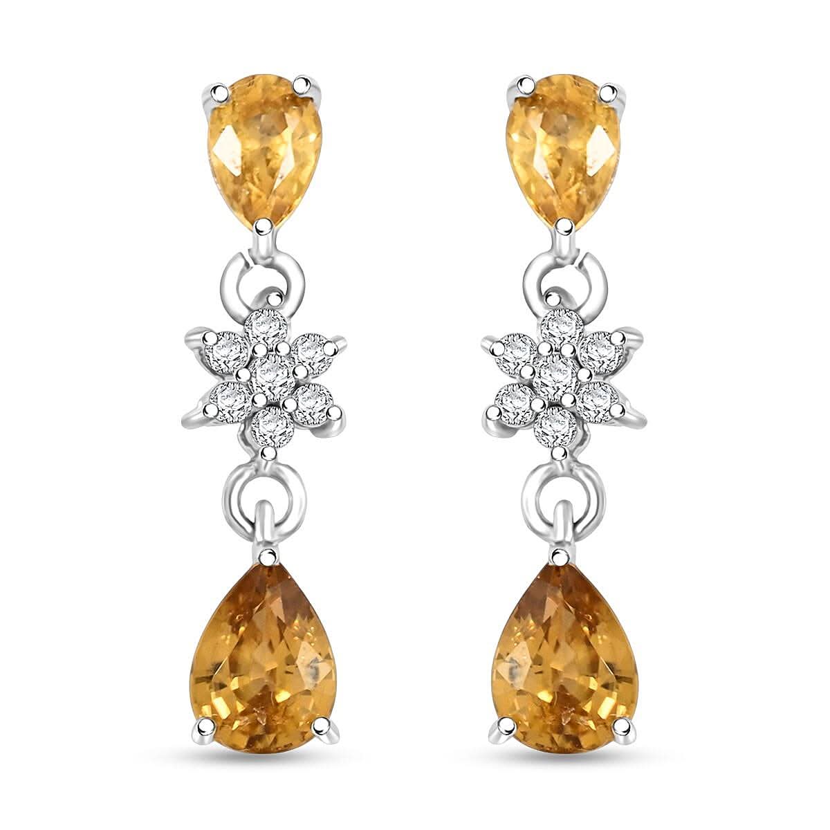 Premium Tanzania Yellow Zircon and White Zircon 3.85 ctw Eternal Drizzle Drop Earrings in Rhodium Over Sterling Silver