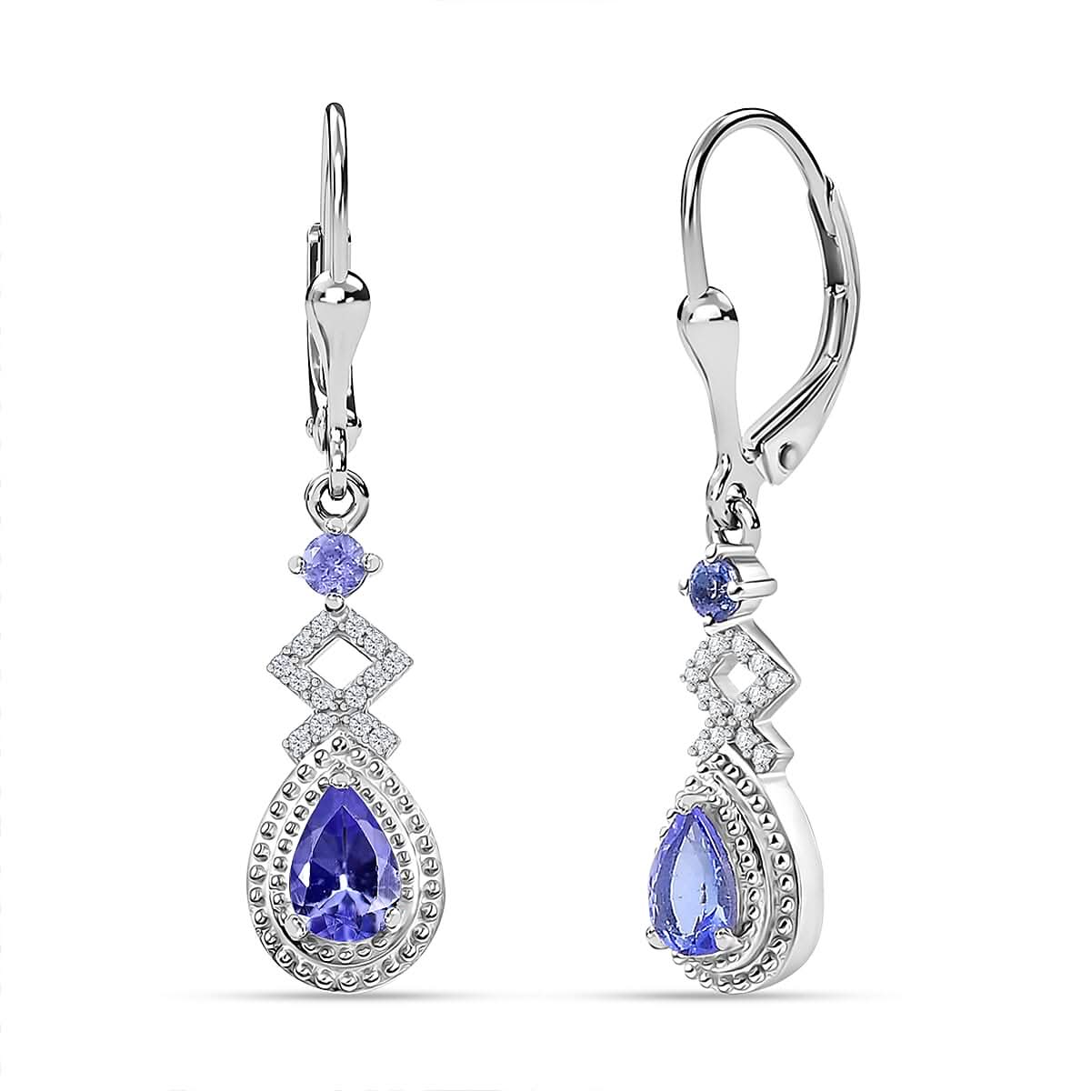 D'Joy Tanzanite and White Zircon 1.20 ctw Royal Vintage Earrings in Rhodium Over Sterling Silver