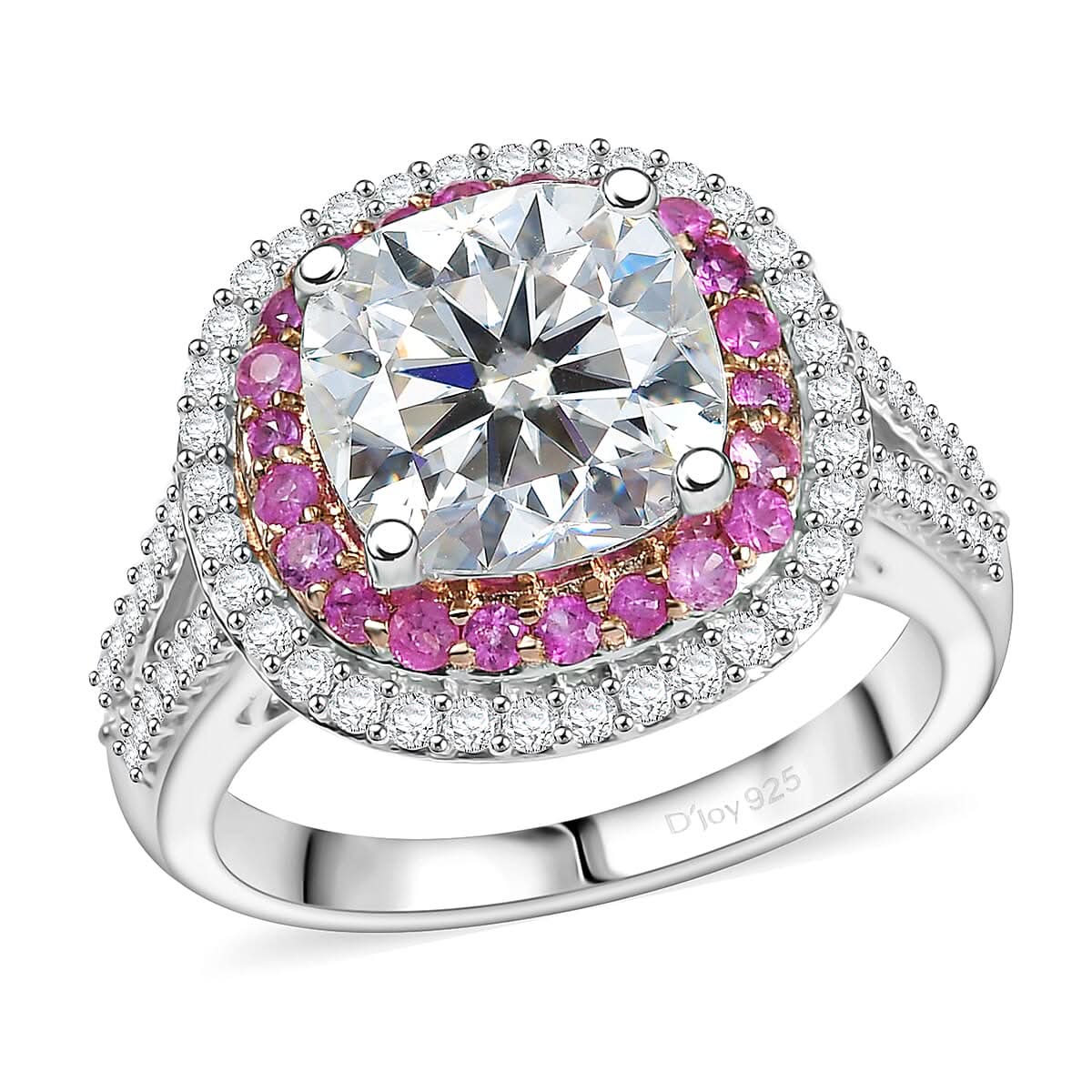 Moissanite and Madagascar Pink Sapphire 4.40 ctw Ring in Rhodium Over Sterling Silver