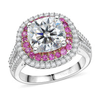 Moissanite and Madagascar Pink Sapphire 4.40 ctw Ring in Rhodium Over Sterling Silver