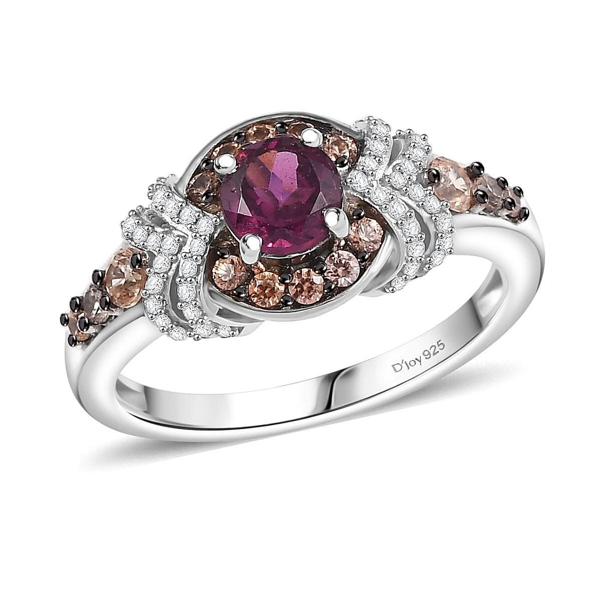 AAA Radiant Ember Garnet, Brown and White Zircon Ring in Rhodium Over Sterling Silver (Size 10.0) 1.60 ctw