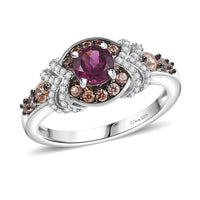 AAA Radiant Ember Garnet, Brown and White Zircon Ring in Rhodium Over Sterling Silver (Size 10.0) 1.60 ctw