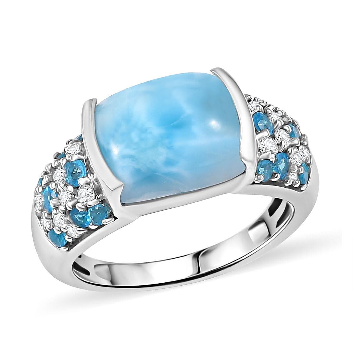 Premium Larimar and Multi Gemstone 5.85 ctw Ring in Rhodium Over Sterling Silver (Size 10.0)
