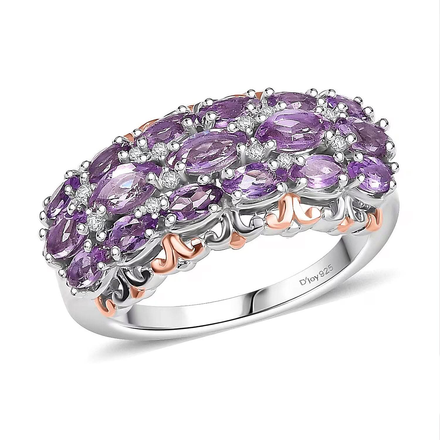 D'Joy Rose De France Amethyst and White Zircon 1.70 ctw Ring in 18K Vermeil RG and Rhodium Over Sterling Silver (Size 10.0)