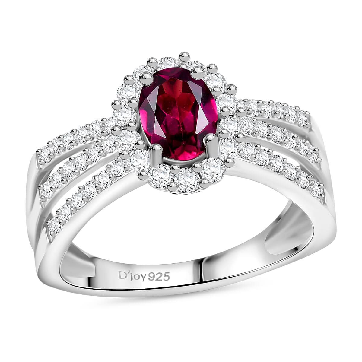 D'Joy AAA Radiant Ember Garnet, Moissanite Ring in Rhodium Over Sterling Silver (Size 10.0) 1.60 ctw