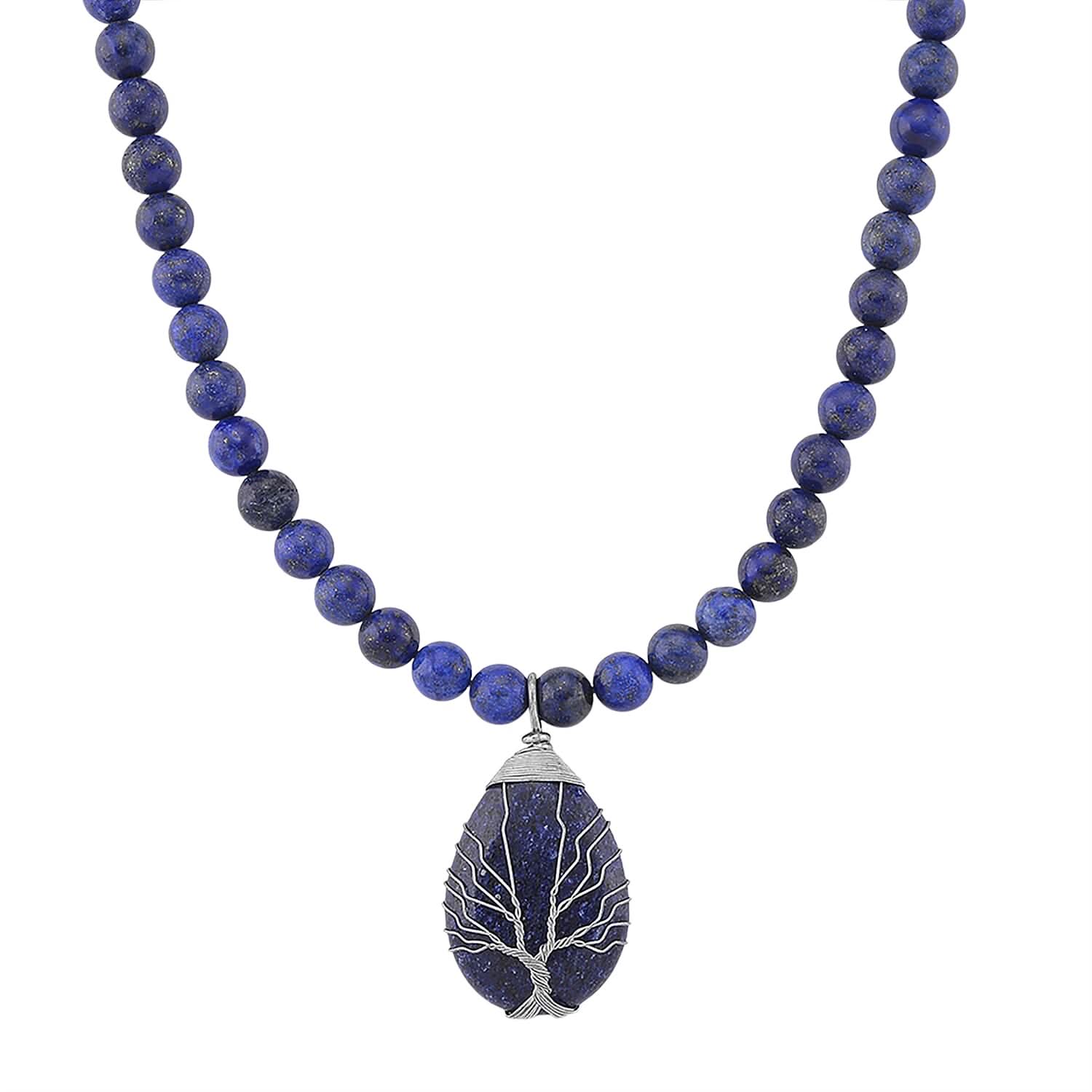 Lapis Lazuli 230.00 ctw Drop Pendant with Beaded Necklace in Silvertone 18-20 Inches