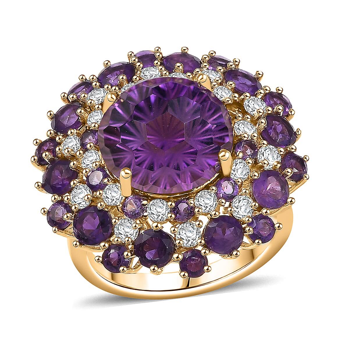 Premium African Amethyst and Moissanite 10.40 ctw Starbust Ring in 18K Vermeil Yellow Gold Over Sterling Silver