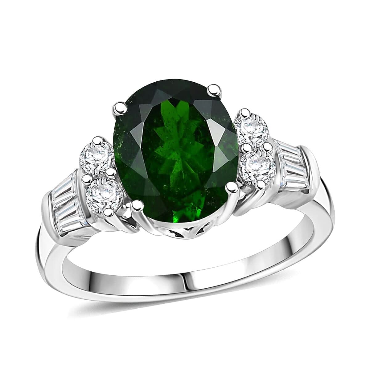 Chrome Diopside, Moissanite Ring in Rhodium Over Sterling Silver (Size 10.0) 3.20 ctw