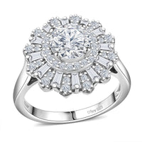 D'Joy Moissanite (Rnd 7mm) Snowflake Ring in Rhodium Over Sterling Silver (Size 10.0) 2.10 ctw