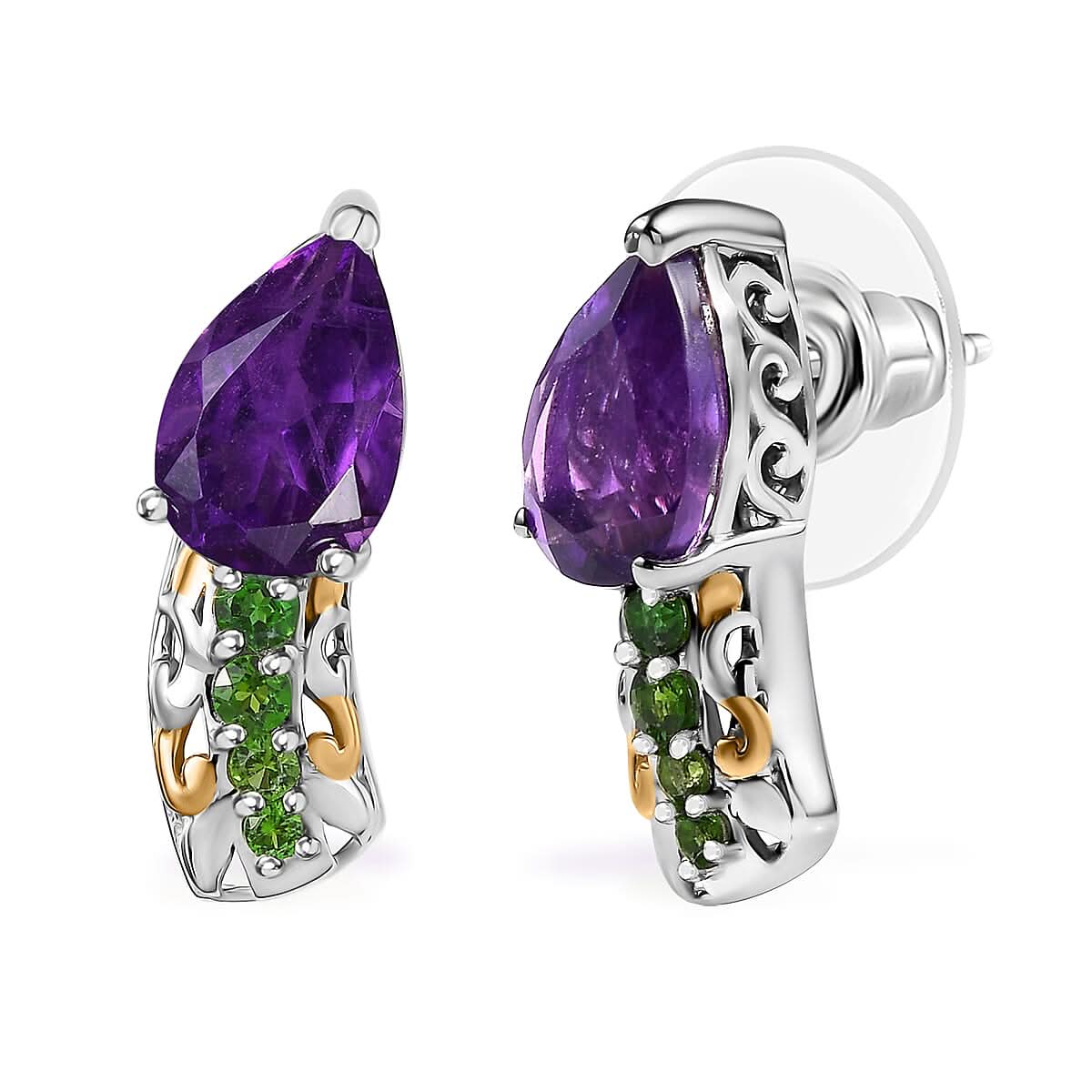 D'Joy African Amethyst and Chrome Diopside 2.65 ctw Bell Flower Earrings in 18K Vermeil YG and Platinum Over Sterling Silver