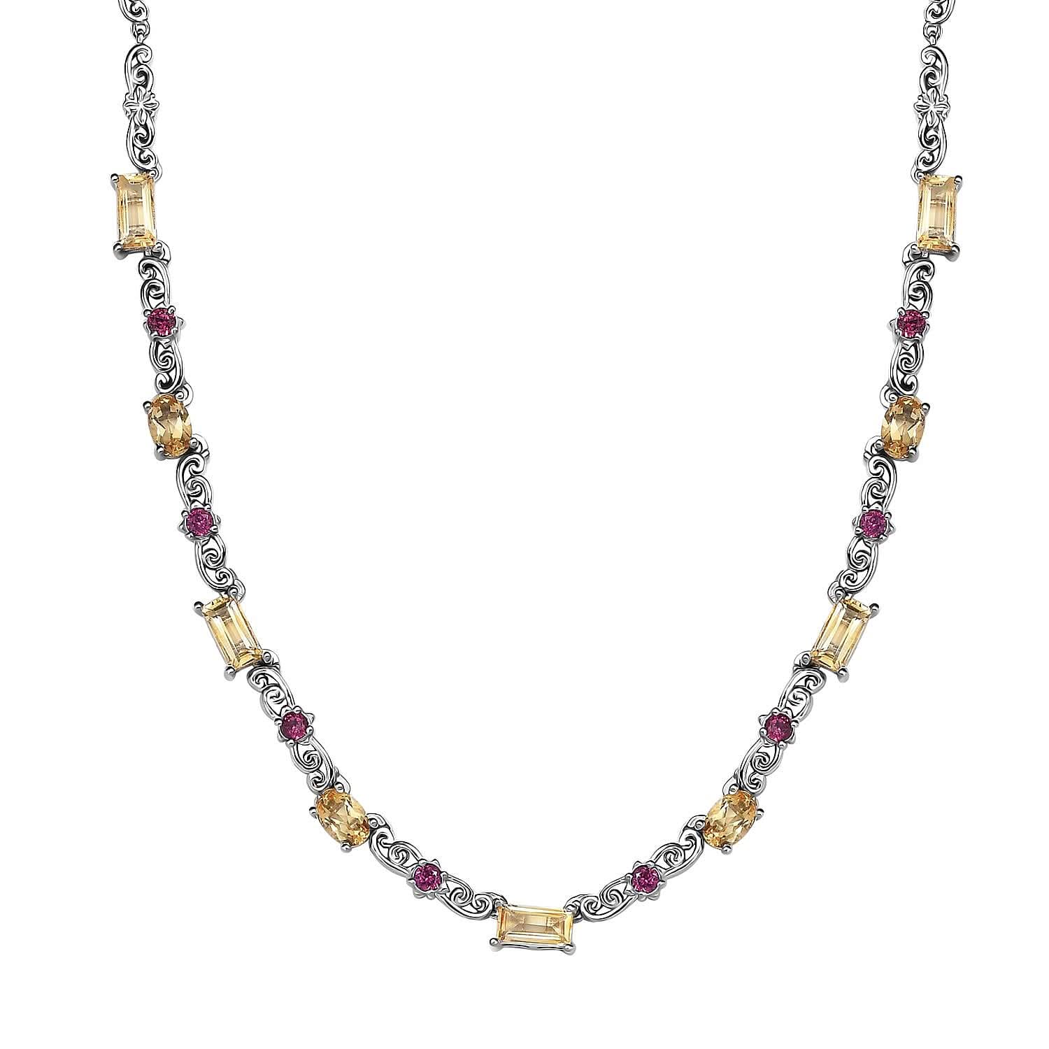 Karis Brazilian Citrine and Orissa Rhodolite 5.35 ctw Garnet Art Deco Necklace Platinum Bond 18 Inches