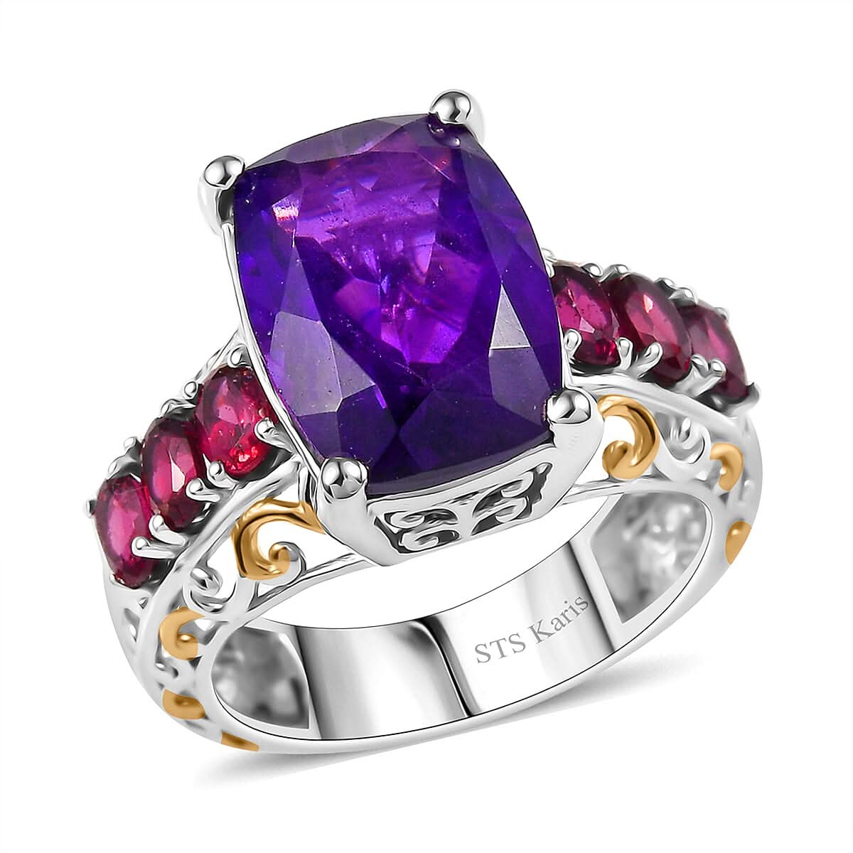 African Amethyst, Orissa Rhodolite Garnet Ring in 18K YG Plated and Platinum Bond (Size 10.0) 7.85 ctw
