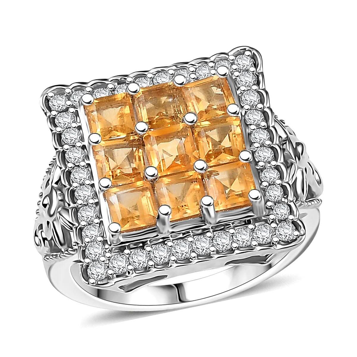 Premium Brazilian Citrine and White Zircon 2.80 ctw Ring in Platinum Over Sterling Silver