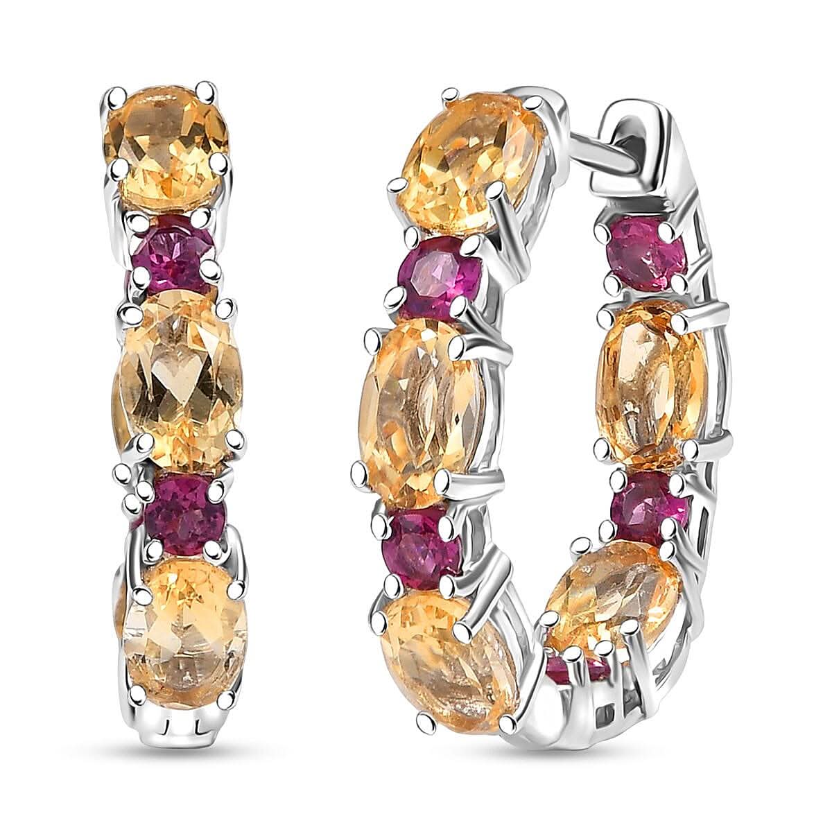 Karis Brazilian Citrine and Orissa Rhodolite 5.50 ctw Garnet Art Deco Hoop Earrings in Platinum Bond
