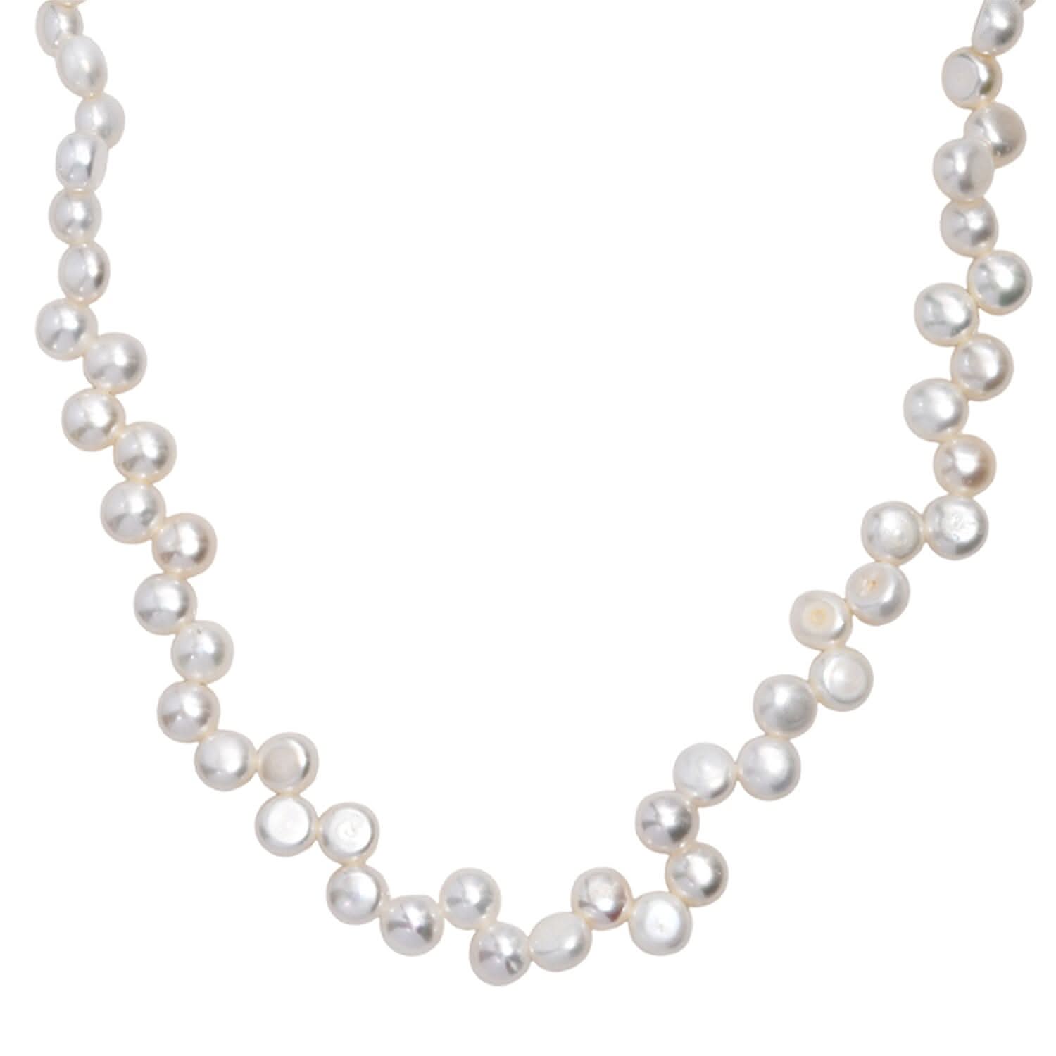 White Freshwater Pearl Button Shape Dancing bubbles Necklace in Rhodium Over Sterling Silver 18 Inches
