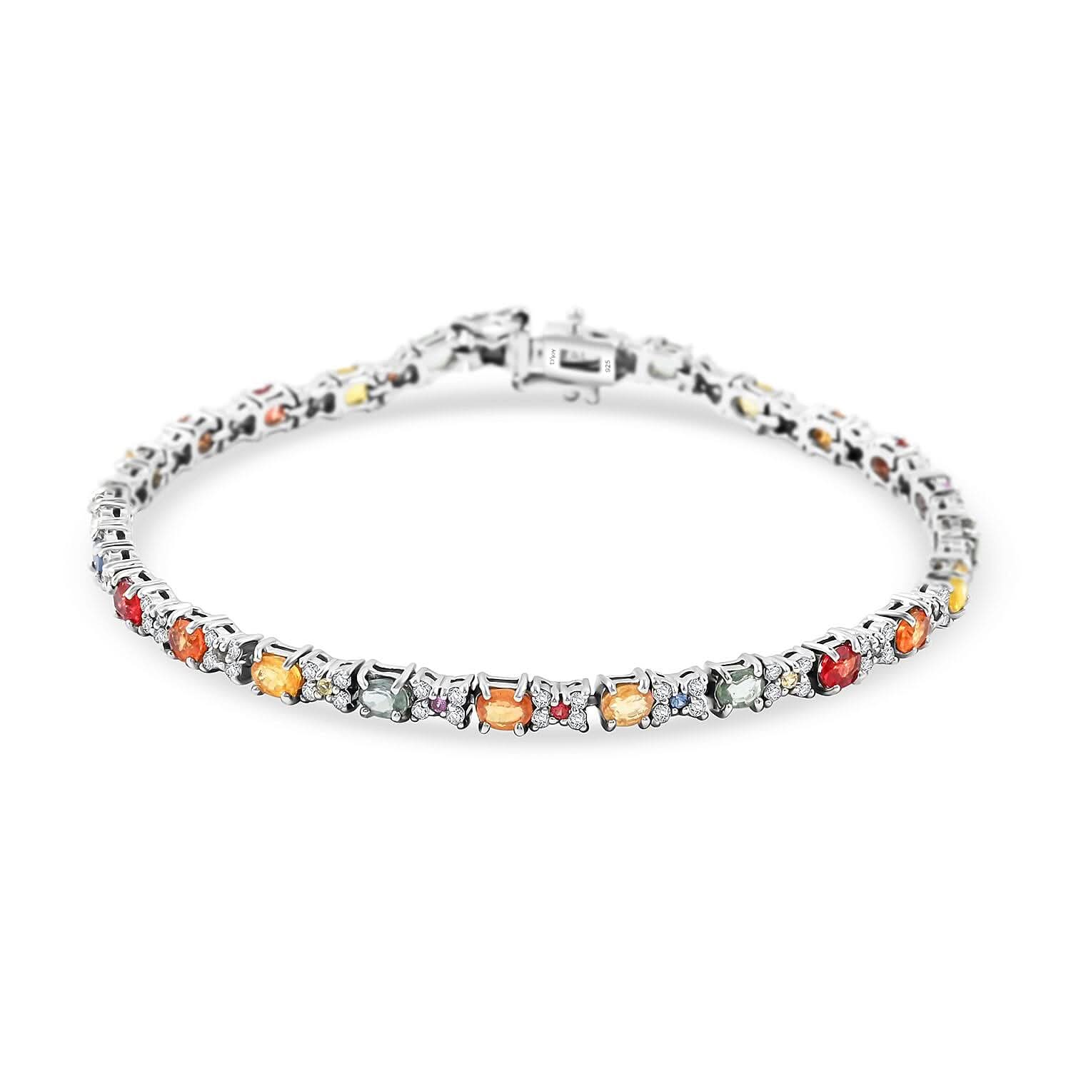 Premium Multi Sapphire, White Zircon Bracelet in Rhodium Over Sterling Silver (6.50 In) 7.00 ctw