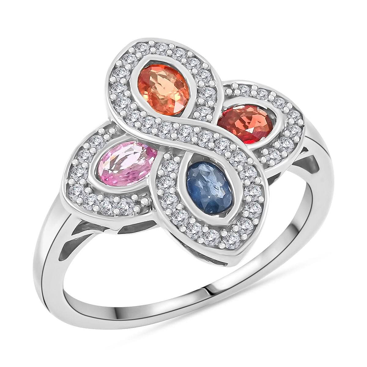 Premium Multi Sapphire, White Zircon Ring in Rhodium Over Sterling Silver (Size 10.0) 1.60 ctw