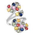Premium Multi Sapphire and White Zircon 4.90 ctw Bypass Floral Ring in Rhodium Over Sterling Silver (Size 10.0) - Sticky add to cart bar