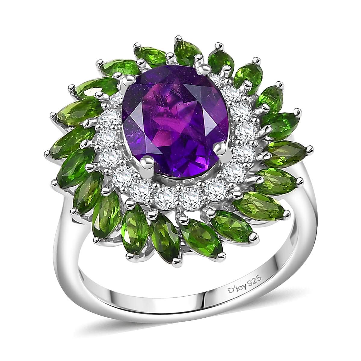 D'Joy African Amethyst and Multi Gemstone 4.80 ctw Ring in Platinum Over Sterling Silver (Size 10.0)