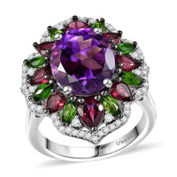 D'Joy Moroccan Amethyst and Multi Gemstone 7.40 ctw Nature's Empress Ring in Rhodium Over Sterling Silver (Size 10.0)