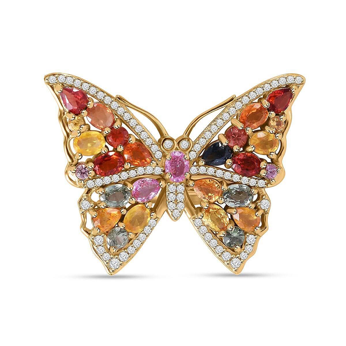 Rainbow Sapphire, Multi Gemstone Butterfly Ring in Vermeil YG Over Sterling Silver (Size 6.0) 5.25 ctw