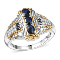 Premium Kanchanaburi Blue Sapphire and Moissanite Filigree Ring in 18K Vermeil YG and Rhodium Over Sterling Silver (Size 10.0)