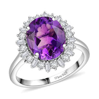D'Joy Premium Moroccan Amethyst and Moissanite 3.90 ctw Regal Bloom Ring in Rhodium Over Sterling Silver
