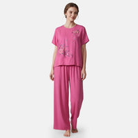 Rose Floral Linen Feel 2pcs Pajama Set - One Size Fits Most