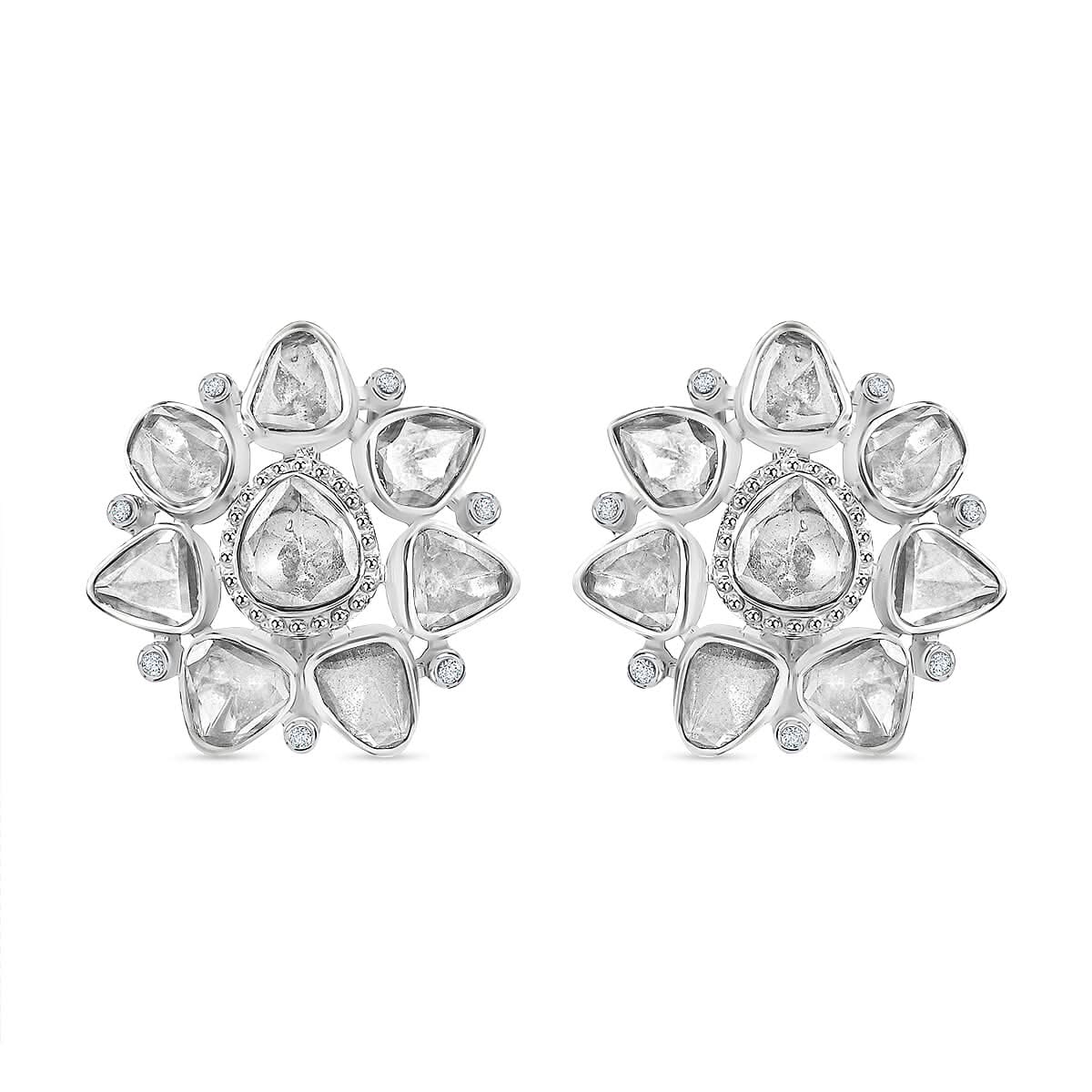 D'Joy Polki Moissanite 3.85 ctw Stud Earrings in Rhodium Over Sterling Silver