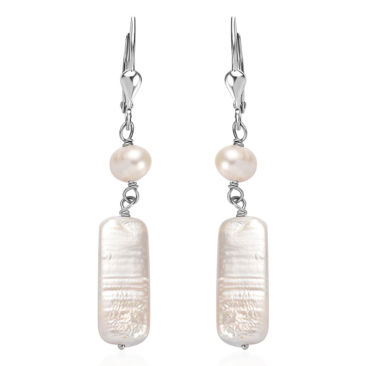 White Freshwater Pearl Dangle Earrings in Rhodium Over Sterling Silver