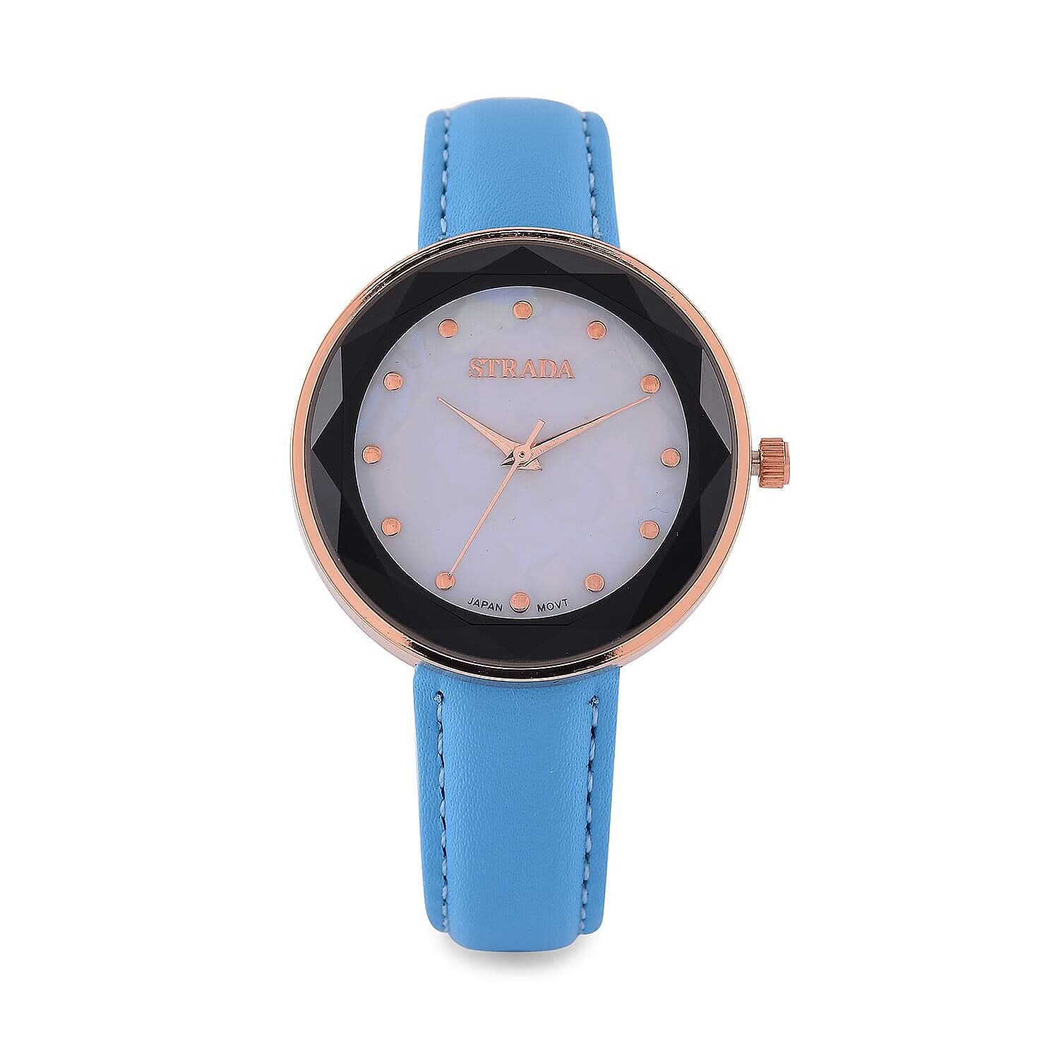 Strada Japanese Movement Simulated MOP Carved Dial Watch With Black Faux Leather (39.8mm)