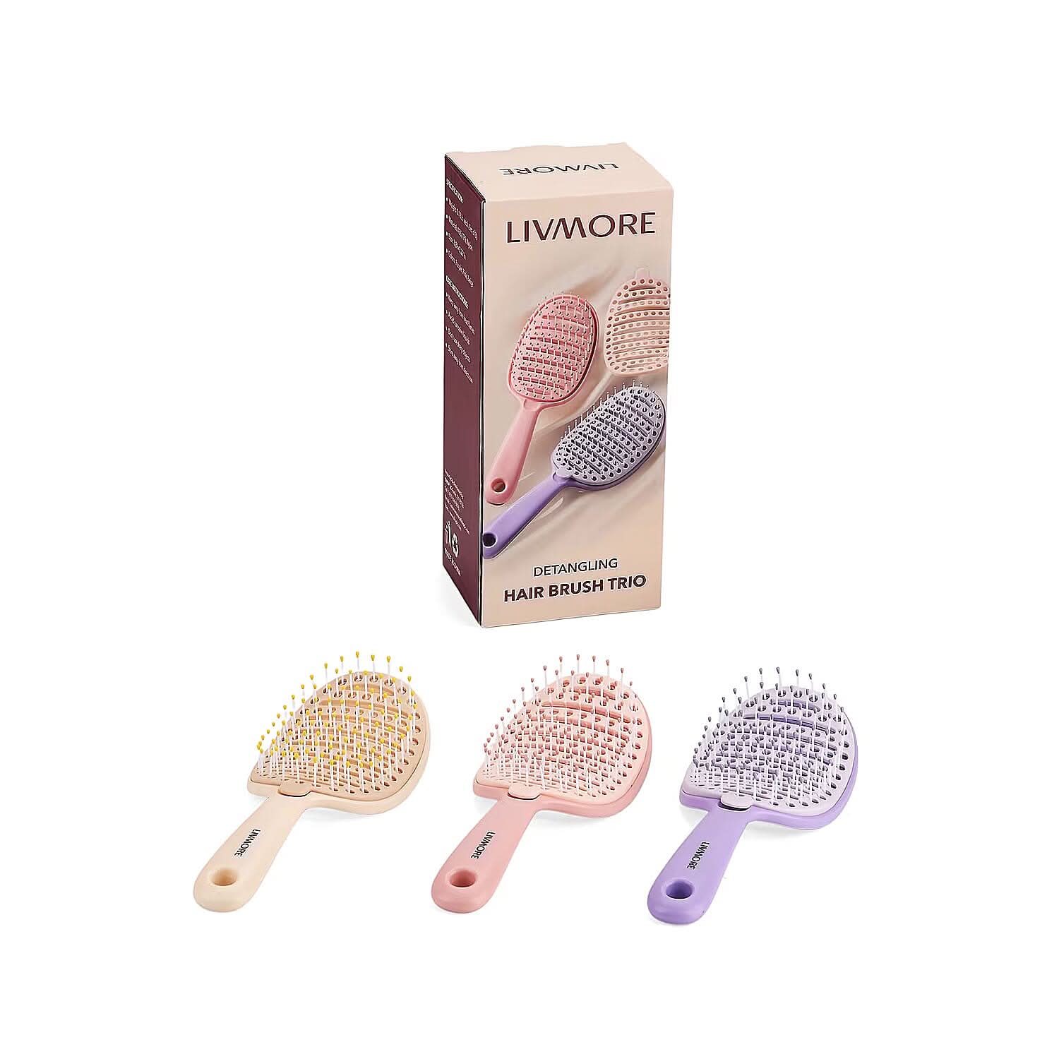 Set of 3pcs Pink, Purple and Cream White Self-cleaning Hair Brushes