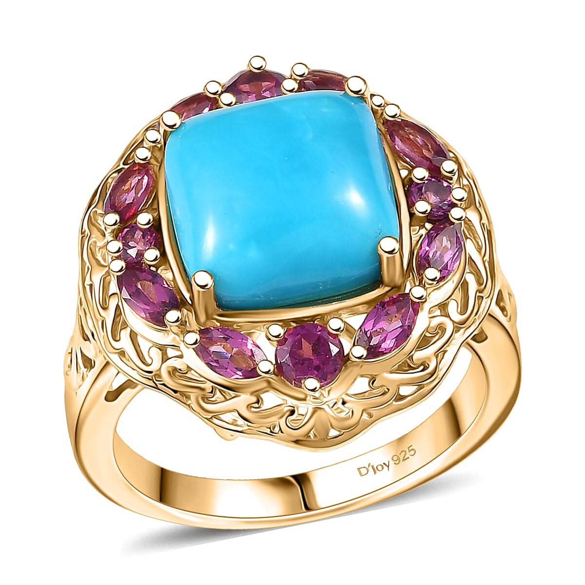 D'Joy Premium Sleeping Beauty Turquoise and Orissa Rhodolite Garnet 5.25 ctw Twilight Bloom Ring in 18K Vermeil Yellow Gold Over Sterling Silver (Size 10.0)