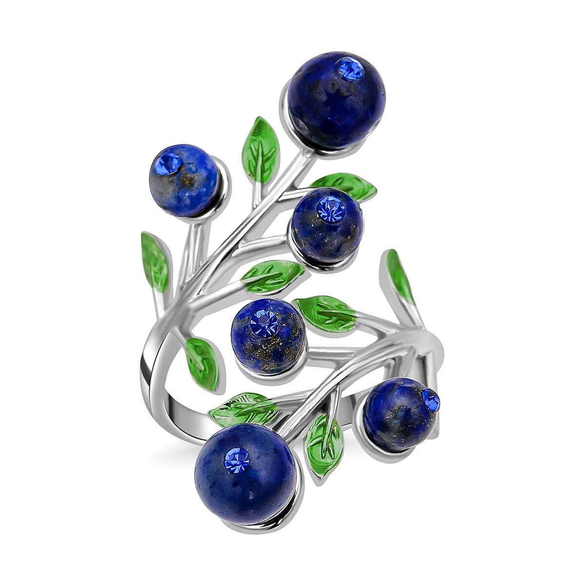 Lapis Lazuli 2.00 ctw and Blue Austrian Crystal Leafy Vine Ring in Silvertone (6-9In)