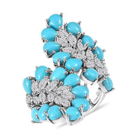 D'Joy Premium Sleeping Beauty Turquoise, Moissanite Bypass Ring in Rhodium Over Sterling Silver (Size 7.0) 8.35 ctw