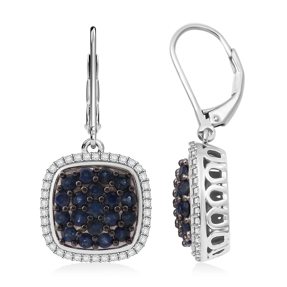 Kanchanaburi Blue Sapphire and White Zircon 2.65 ctw Earrings in Rhodium Over Sterling Silver (Size 8.0)