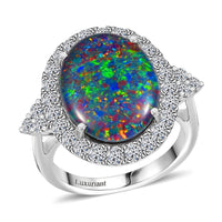 Certified & Appraised 10K White Gold Premium Elysian Opal (Triplet), Luxuriant Lab Grown Diamond (G-H, SI) Ring (Size 10.0) 5.75 ctw
