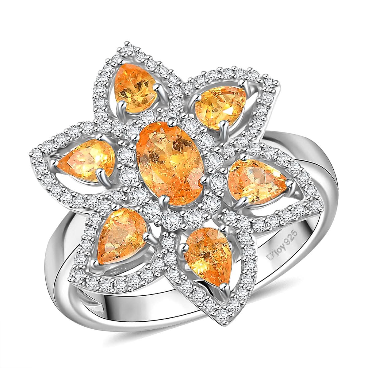 D'Joy Tanzanian Mandarin Garnet, White Zircon Frangipani Flower Ring in Rhodium Over Sterling Silver (Size 7.0) (Del. in 10-12 Days) 2.50 ctw