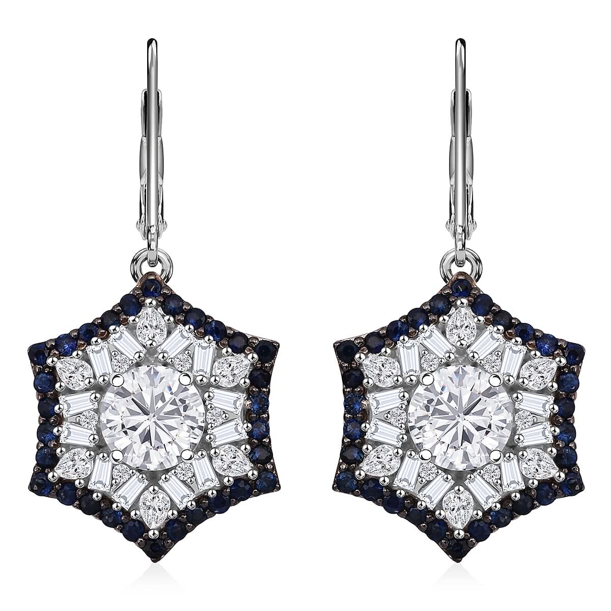 Heart and Arrow Cut Moissanite (Rnd 7mm), Ceylon Sapphire Earrings in Rhodium Over Sterling Silver 5.40 ctw