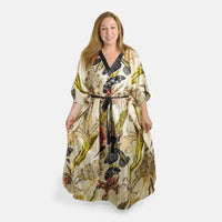 Winlar Cream Floral Long Satin Kaftan - One Size Fits Most