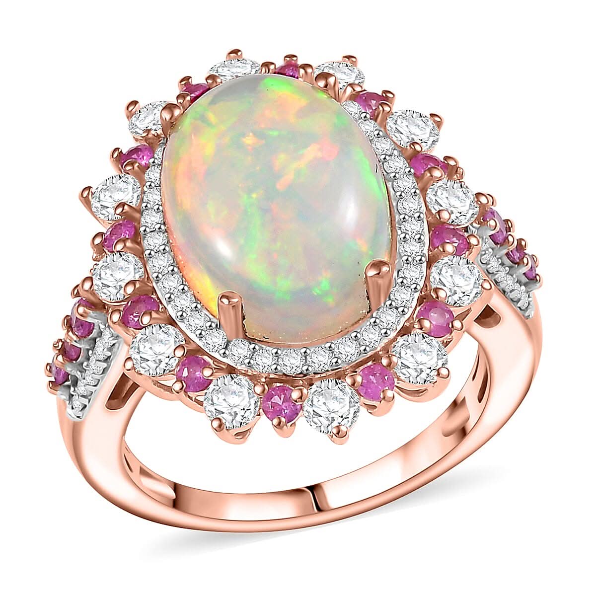 D'Joy Premium Ethiopian Welo Opal and Multi Gemstone 5.10 ctw Cherry Blossom Ring in 18K Vermeil Rose Gold Over Sterling Silver