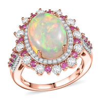 D'Joy Premium Ethiopian Welo Opal and Multi Gemstone 5.10 ctw Cherry Blossom Ring in 18K Vermeil Rose Gold Over Sterling Silver